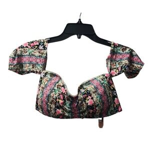 GB Floral Off Shoulder Bandeau‎ Crop Top Smocked Puff Sleeve Large